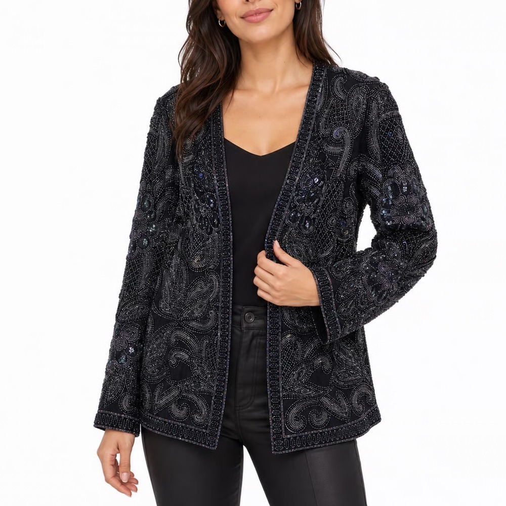 Nipon Night Silk Beaded Jacket XL Black Iridescent Sequin Paisley Open Front